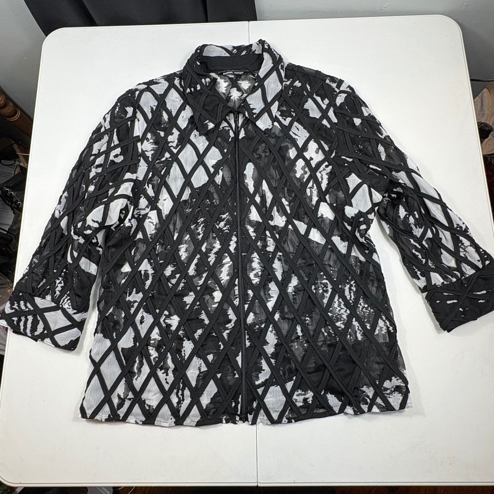 Samuel Dong Womens Black White Abstract Sheer Lattice Ribbon Zip Front Jacket